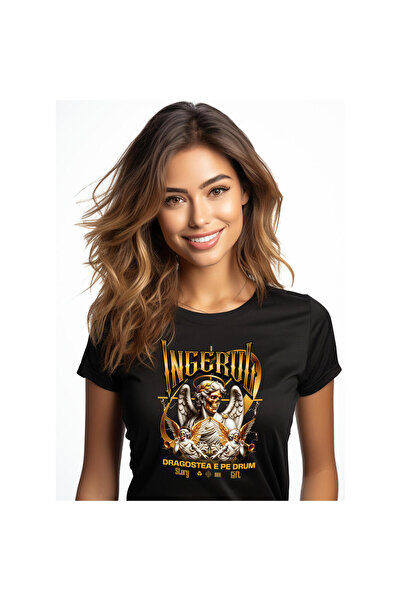 StoryGift Romania Tricou Femei cu Statuie Aur Inger Cu aripi Trompete, Dragostea, Valentine's Day ,Black_XL