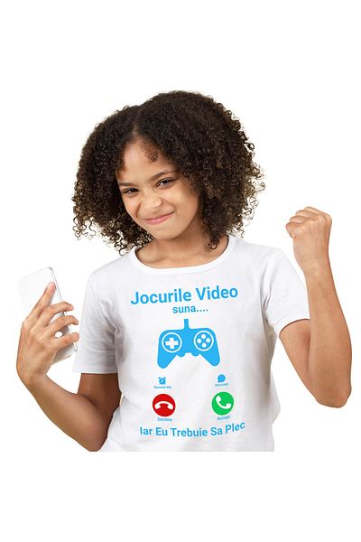 StoryGift Romania Children's T-shirt with Phone Call Video Game Controller, Call I have to go with imp, White_8ANI