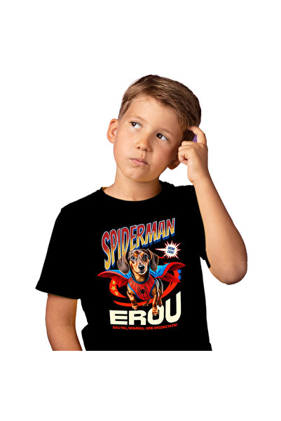 StoryGift Romania Tricou Copii cu Teckel / Dachshund Caine In Costum de Spide...