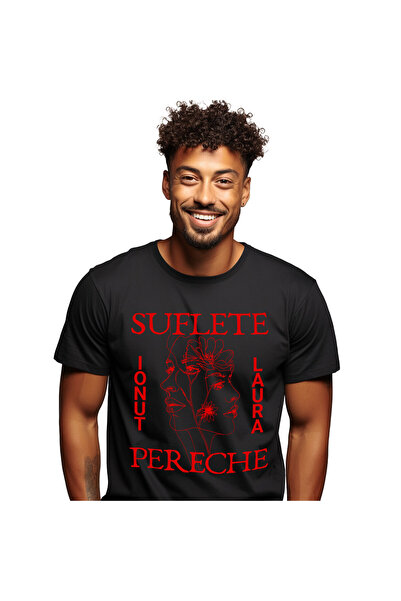 StoryGift Romania Tricou Barbati cu Chip Uman Firaf Flori, Dragoste, Valentine's Day, Dragobete cu,Black_M