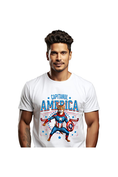 StoryGift Romania Men's T-Shirt with Abyssinian / Abyssinian Cat in Captain America Costume, White_M