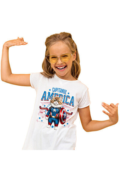 StoryGift Romania Children's T-shirt with Persian Cat in Captain America Costume with Cape, White_6 YEARS