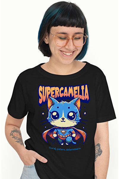 StoryGift Romania Tricou Femei Super Camelia, SuperErou, Pisica Zburand, cu i...