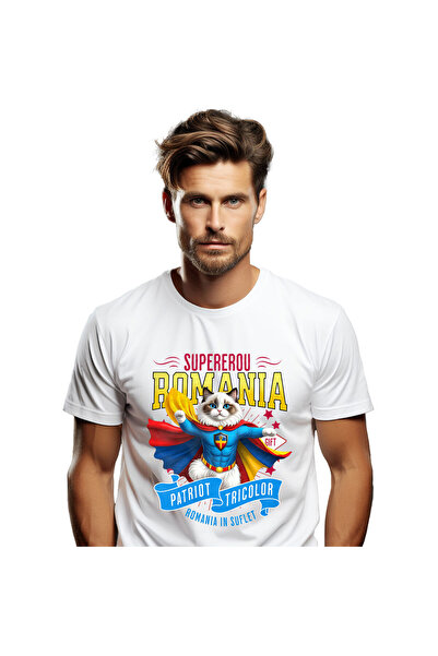 StoryGift Romania Men's Ragdoll Cat T-Shirt in Captain Romania Costume with Cape, Hero, White_M