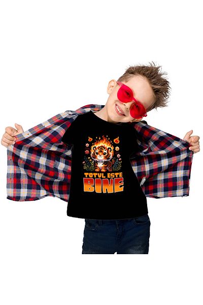 StoryGift Romania Children's T-shirt with Tiger Cub Animated in Flames in Nature Colorful Flowers Cartoons,Black_8ANI