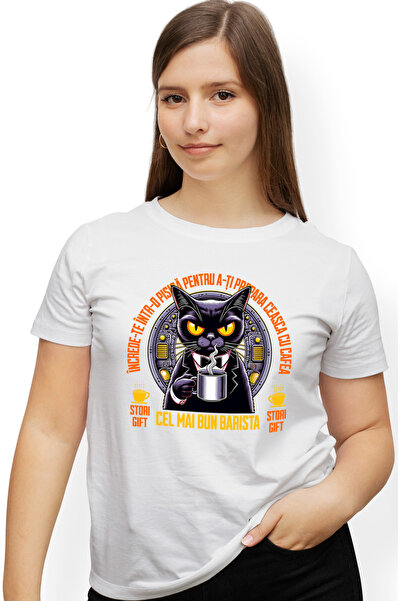 StoryGift Romania Tricou Femei Pisica in costum cu cafea cel mai bun barista ...