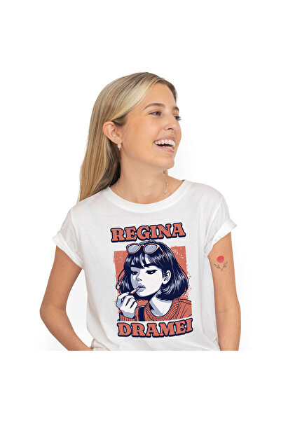 StoryGift Romania Tricou Femei cu Fata Moderna cu Breton Si Ochelari De Soare cu imprimeu pe Fata,,White_XS