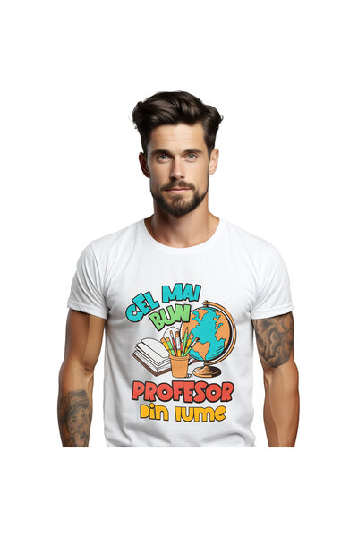 StoryGift Romania Tricou Barbati cu Rechizite Scolare Carte Glob Pamantesc Co...