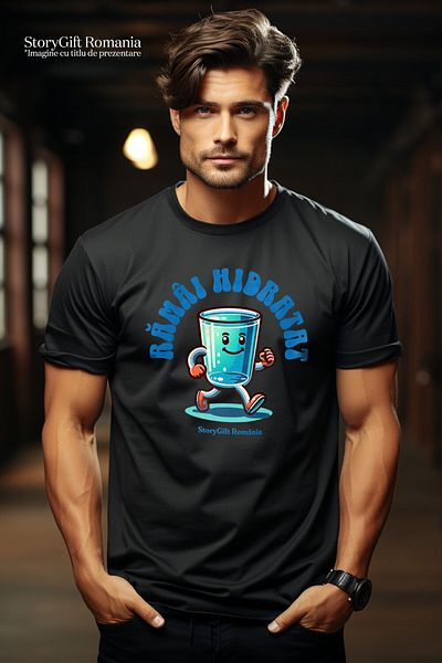 StoryGift Romania Tricou Barbati cu Pahar De apa Vesel Mergand, Hidratare Bea Apa, Natura, Sanatat,Black_S