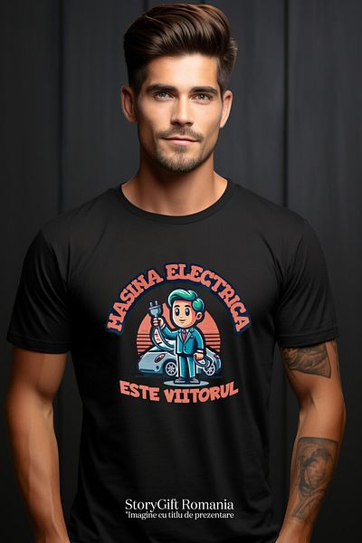 StoryGift Romania Tricou Barbati cu Barbat Animatie Incarcator Masina Electrica Este Viitorul cu i,Black_S