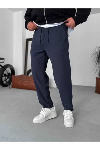 BYBASICMAN Navy Blue Textured Basic Cotton Trousers Res-1077