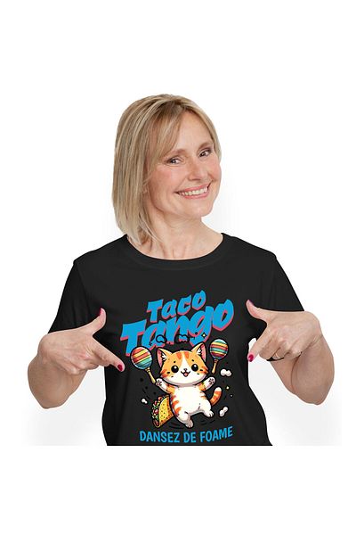 StoryGift Romania Women's T-Shirt with Orange Cat with Tacos Mexican Dance Animal Lovers with ,Black_S
