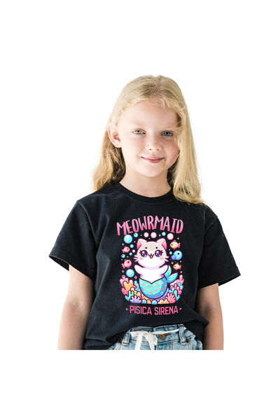 StoryGift Romania Tricou Copii cu Sirena Vesela Pisica Cu Coada Albastra Pest...