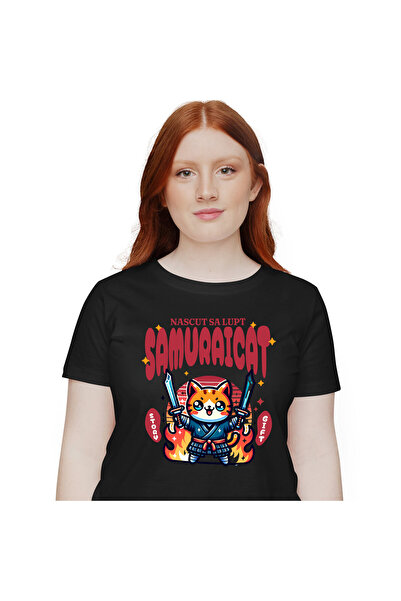 StoryGift Romania Tricou Femei cu Pisica Portocalie Cu Costum Samurai Sabii Ninja, Desene Animate,,Black_S