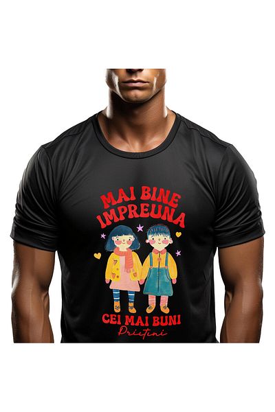 StoryGift Romania Tricou Barbati cu Portret Doi Copii Colorati, Cei Mai Buni Prieteni, Dragoste, c,Black_L