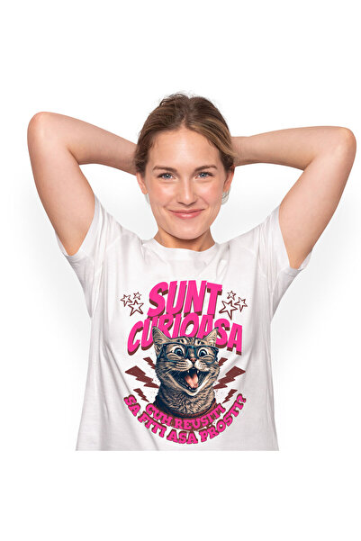 StoryGift Romania Tricou Femei cu Pisica Haioasa Zambitoare Cu Colti Si Ochel...