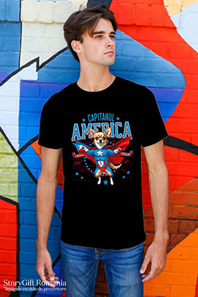 StoryGift Romania Men's T-Shirt with Chihuahua Dog in Captain America Costume with Cape, Hero, Black_S