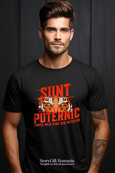 StoryGift Romania Men's T-shirt with Angry Tiger Eyes Motivational Message Power, Jungle Print, Black_L