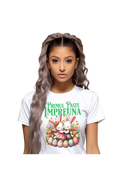 StoryGift Romania Tricou Femei cu Cuplu Fericit Iepuri Indragostiti Oua Colorate Paste, Flori Mult,White_XL