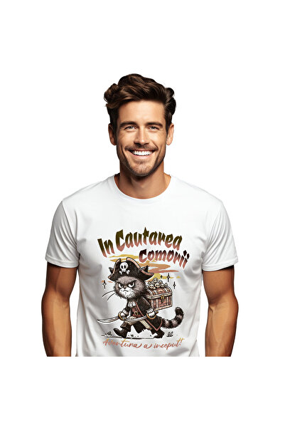 StoryGift Romania Tricou Barbati cu Pisica Pirat Cu Palarie Si Cufar Cranii, ...