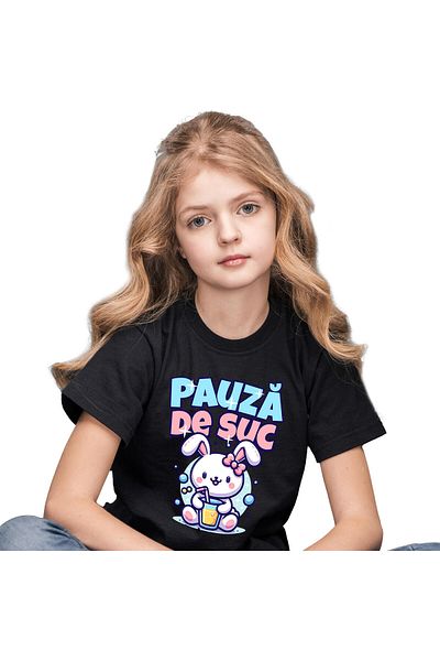 StoryGift Romania Children's T-shirt with Pink Rabbit with Bow and Glass of Natural Orange Juice, Drinking, Black_8ANI