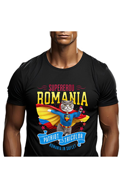 StoryGift Romania Men's T-Shirt with Scottish Fold Cat in Captain Romania Costume with Cape,,Black_XL