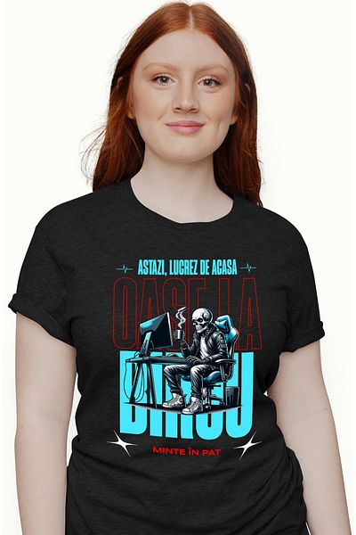StoryGift Romania Tricou Femei Schelete birou lucru de acasa mine in pat haios cu imprimeu pe Fata BLK_L