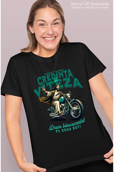 StoryGift Romania Tricou Femei cu Barbat Stil Dumnezeu Cu Par Lunga Si Haina Alba Pasionat De Moto,Black_XS