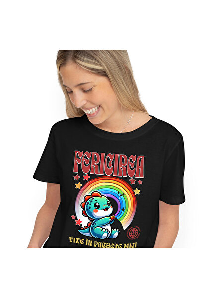 StoryGift Romania Tricou Femei cu Dinozaur Curcubeu colorat, Copii, Desene Animate, Lume imaginara,Black_XL