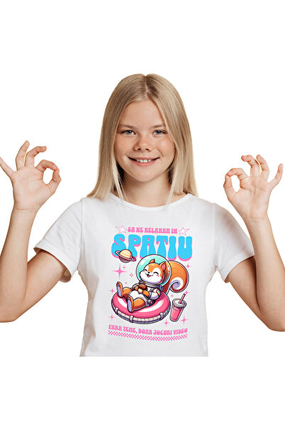 StoryGift Romania Tricou Copii cu Veverita In costum Spatial Pe Gogoasa Roz, ...