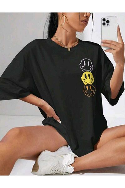 Viyalente Μαύρο μπλουζάκι Τριπλής όψης με στάμπα Oversize