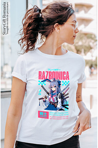 StoryGift Romania Tricou Femei cu Fata Stil Asiatica Cu ar Mov Sabii Ninja Razboinica cu imprimeu ,White_L