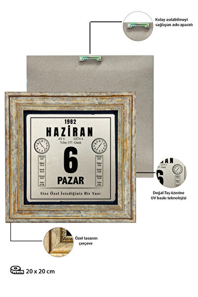 AND Taş Duvar Dekoru Kişiye Özel Takvim Sayfası Tasarımlı Taşa Baskı Çerçeveli Tablo (20x20 cm )