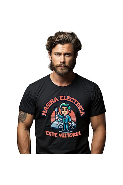 StoryGift Romania Tricou Barbati cu Barbat Animatie Incarcator Masina Electrica Este Viitorul cu i,Black_S