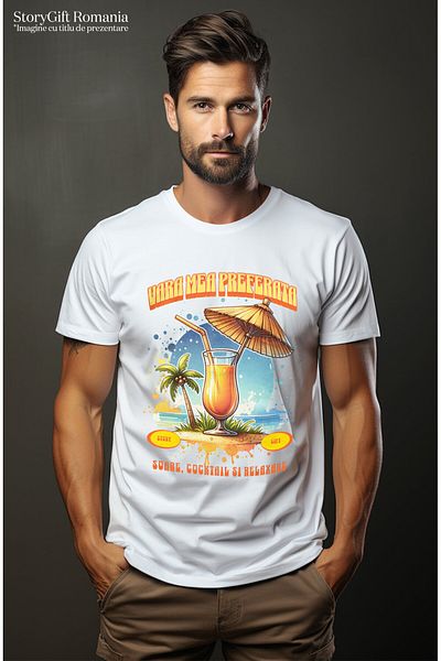 StoryGift Romania Men's T-shirt with Elegant Glass of Fresh Oranges on the Sand Tropical Beach, Va, White_S