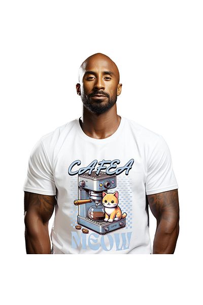 StoryGift Romania Men's T-Shirt with Cat Next to Coffee Machine, Coffee Beans, Furry Animal, E,White_M