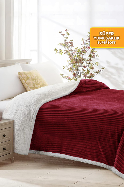 Evlen Home Collection Sherpa Tv Blanket Single Striped Soft Plush Wellsoft Bedspread Claret Red
