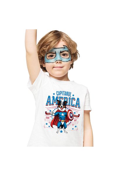 StoryGift Romania Tricou Copii cu Border Collie Caine In Costum de Capitan America cu Pelerina, Er,White_6ANI