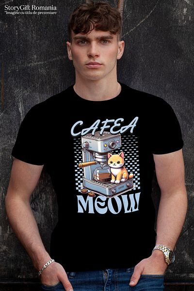 StoryGift Romania Men's T-Shirt with Cat Next to Coffee Machine, Coffee Beans, Furry Animal, E,Black_XL