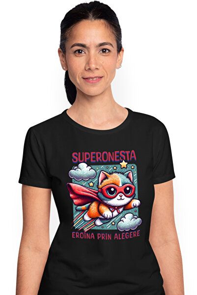 StoryGift Romania Tricou Femei Super Onesta, SuperErou, Eroina Prin Alegere, cu imprimeu pe Fata, BLK_S