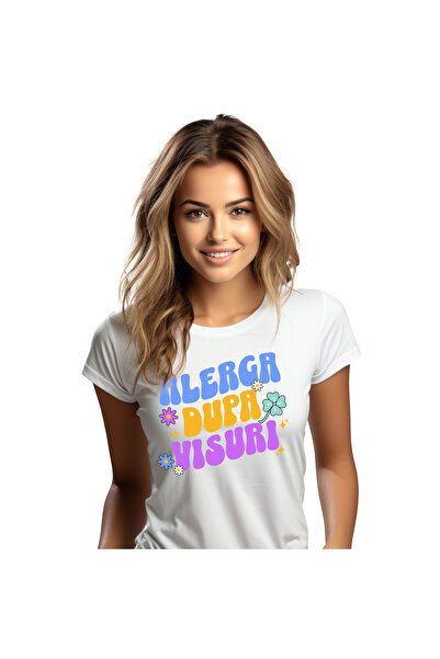 StoryGift Romania Tricou Femei cu Mesaj Colorat Flori Alearga Dupa Visuri, In...