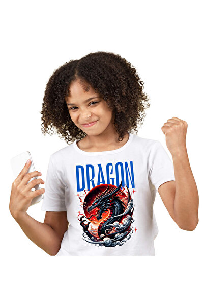 StoryGift Romania Tricou Copii cu Cultura Chinezeasca Dragon Furios Cu coarne si Flacari, Planeta ,White_4ANI