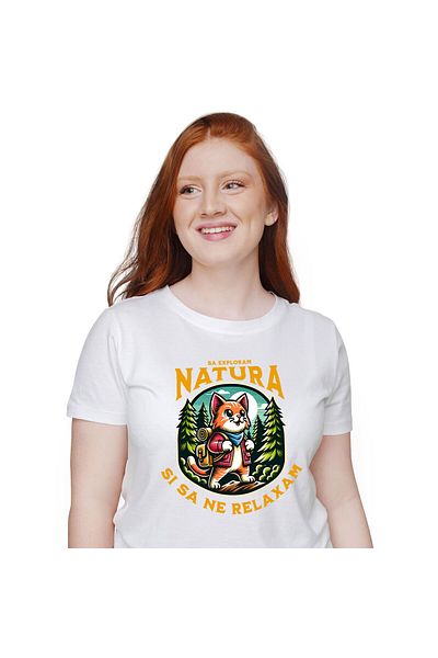 StoryGift Romania Women's T-Shirt with Orange Cat with Backpack Adventure Among the Mountains Forest, Year,White_L