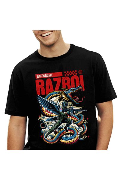 StoryGift Romania Tricou Barbati cu Dragon stil Sarpe Cultura Chinezeasca Soldat Armata Cu arma Lu,Black_XL