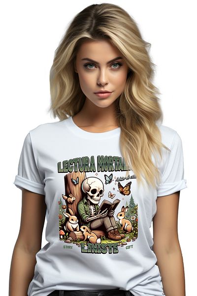 StoryGift Romania Tricou Femei Schelete cititnd lectura mortala iubitor de carti cu imprimeu pe Fa WHT_XS