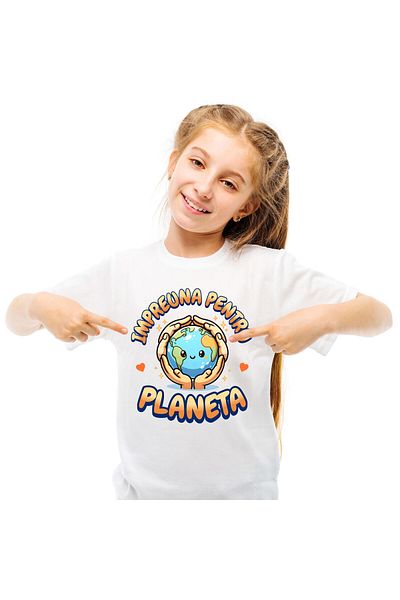 StoryGift Romania Tricou Copii cu Pui Planeta Pamant Maini Calde Reciclare Verde cu imprimeu pe Fa,White_6ANI