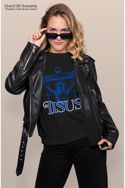 StoryGift Romania Tricou Femei cu Iisus Hristos Atarnat Pe Cruce Adormire Inaltarea Domnului, Past,Black_XS