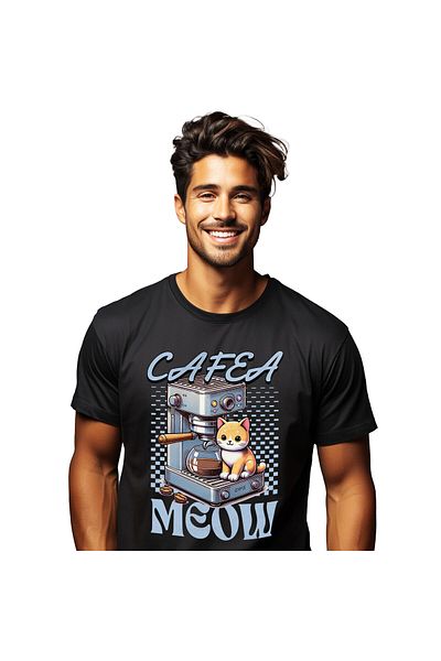 StoryGift Romania Men's T-Shirt with Cat Next to Coffee Machine, Coffee Beans, Furry Animal, E,Black_XL