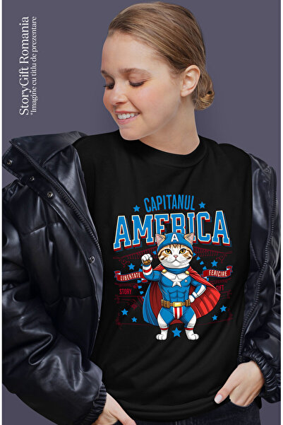 StoryGift Romania Women's Scottish Fold Cat in Captain America Costume with Cape, E,Black_XL