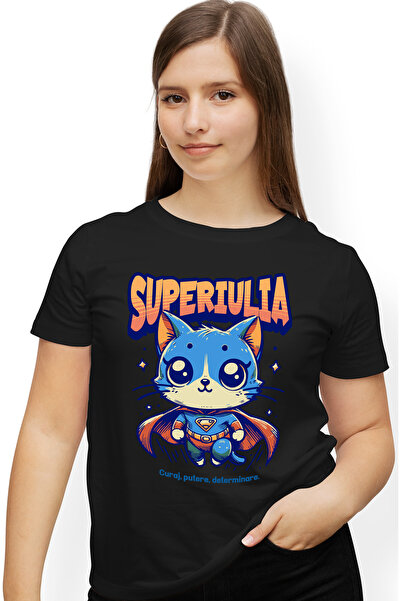 StoryGift Romania Tricou Femei Super Iulia, SuperErou, Pisica Zburand, cu imp...
